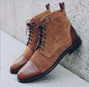 Ankle High Brown Cap Toe Lace Up Leather Suede Boot