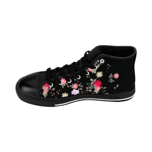 Black Floral Women's Sneakers, Rose Flower Print Designer High-top Fashion Tennis Shoes