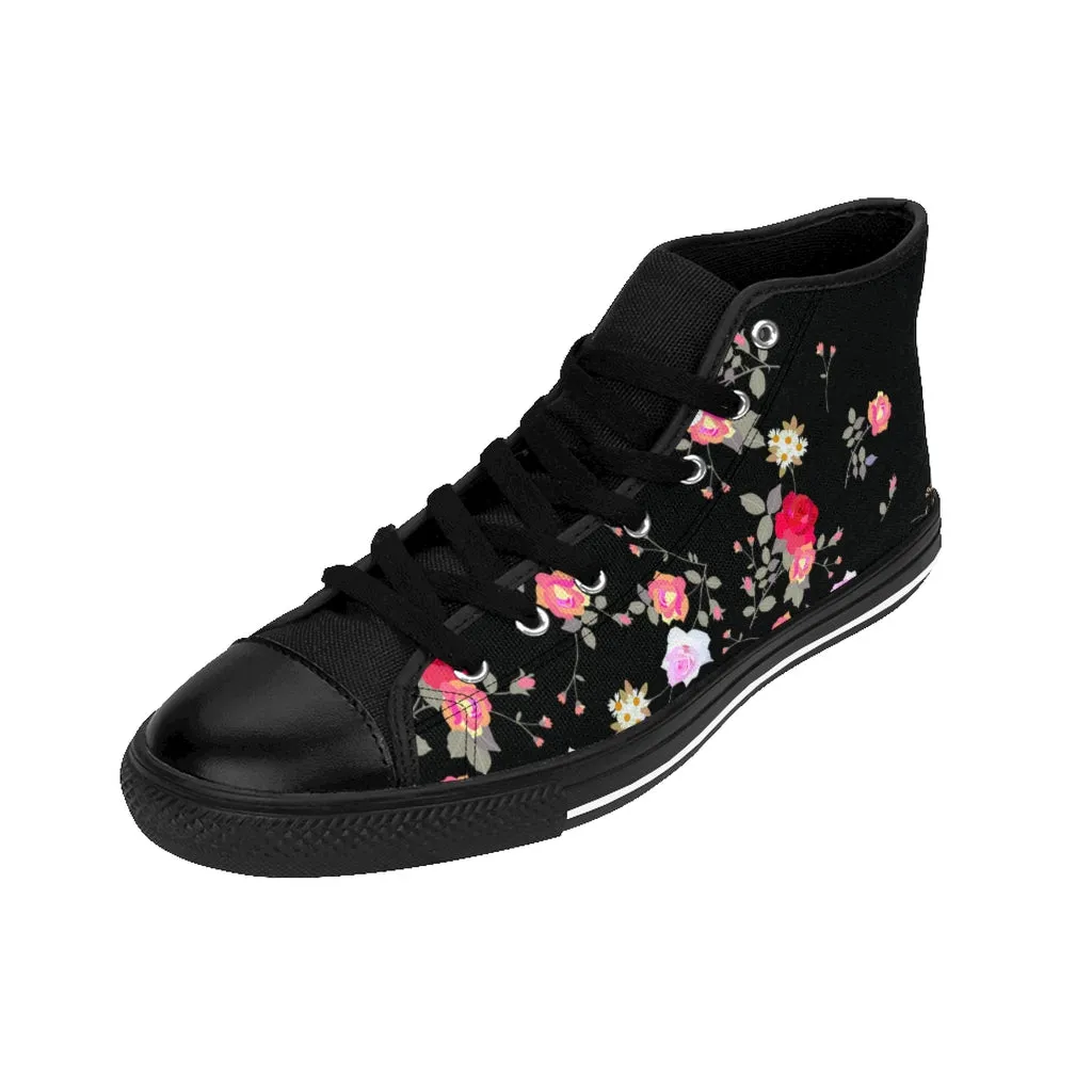 Black Floral Women's Sneakers, Rose Flower Print Designer High-top Fashion Tennis Shoes