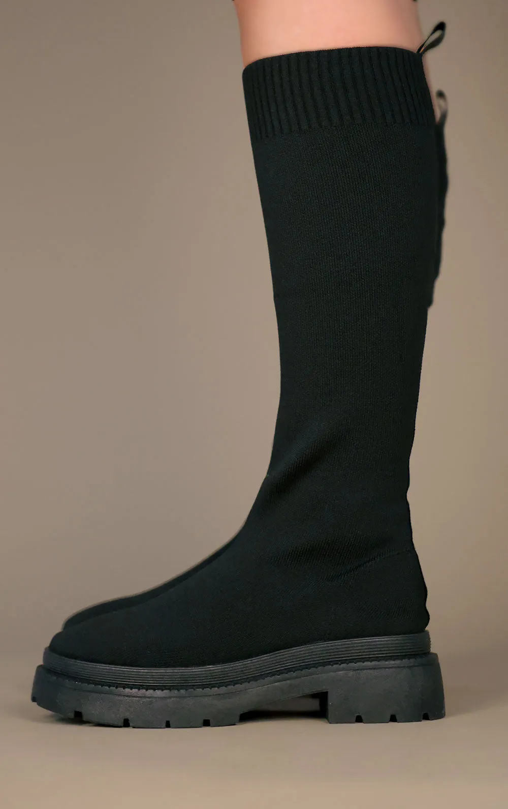 Black Knee High Fabric Ribbed Sock Boot