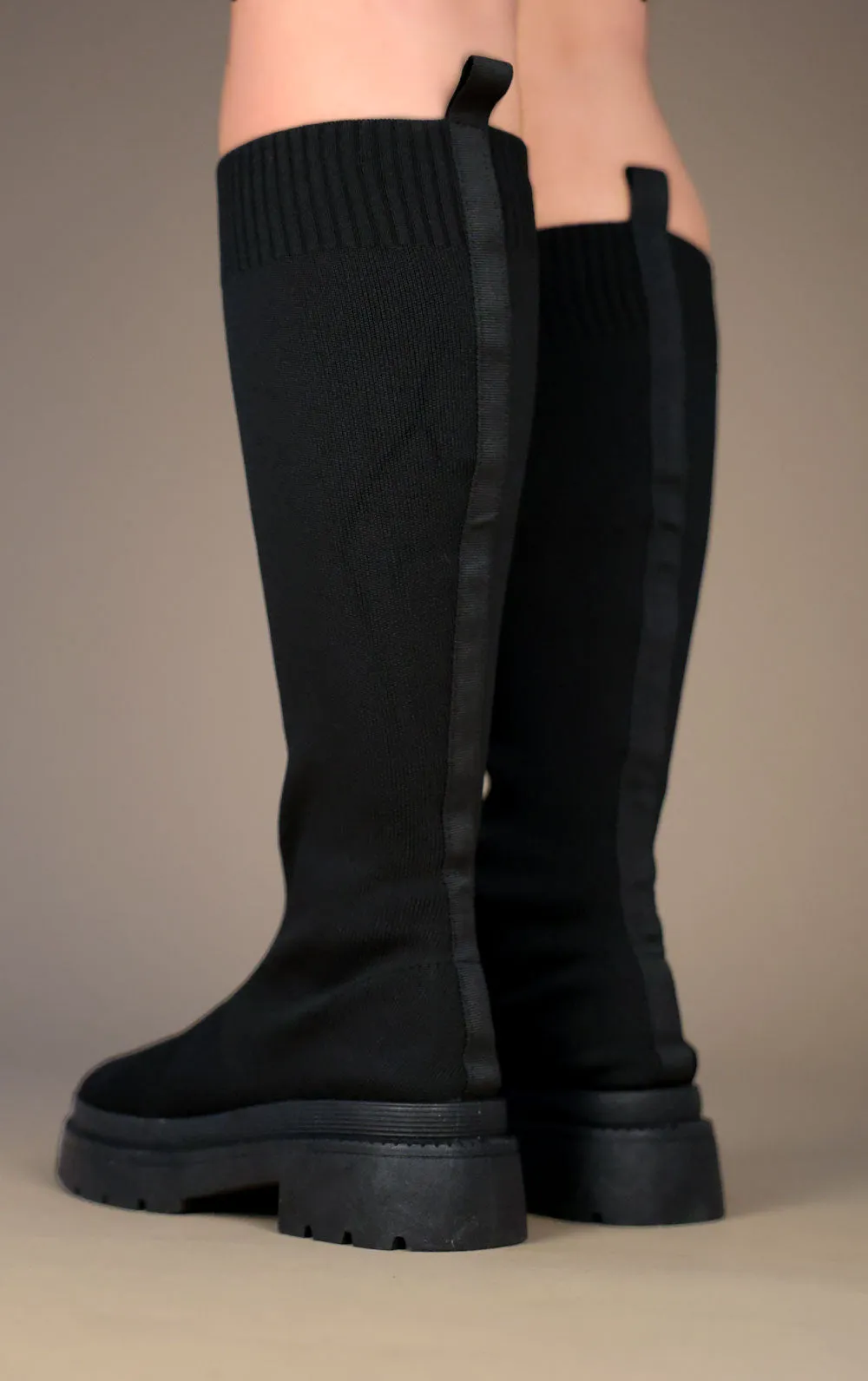 Black Knee High Fabric Ribbed Sock Boot