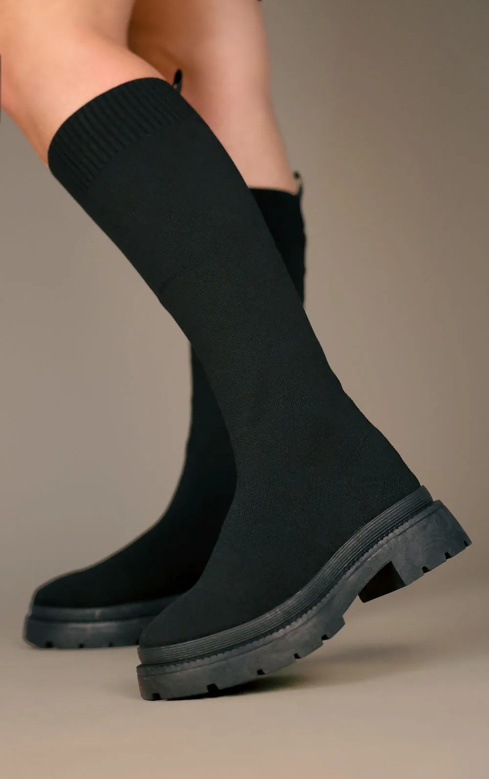 Black Knee High Fabric Ribbed Sock Boot