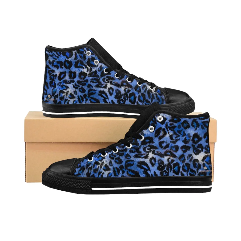 Blue Leopard Women's Sneakers, Animal Print Designer High-top Fashion Tennis Shoes