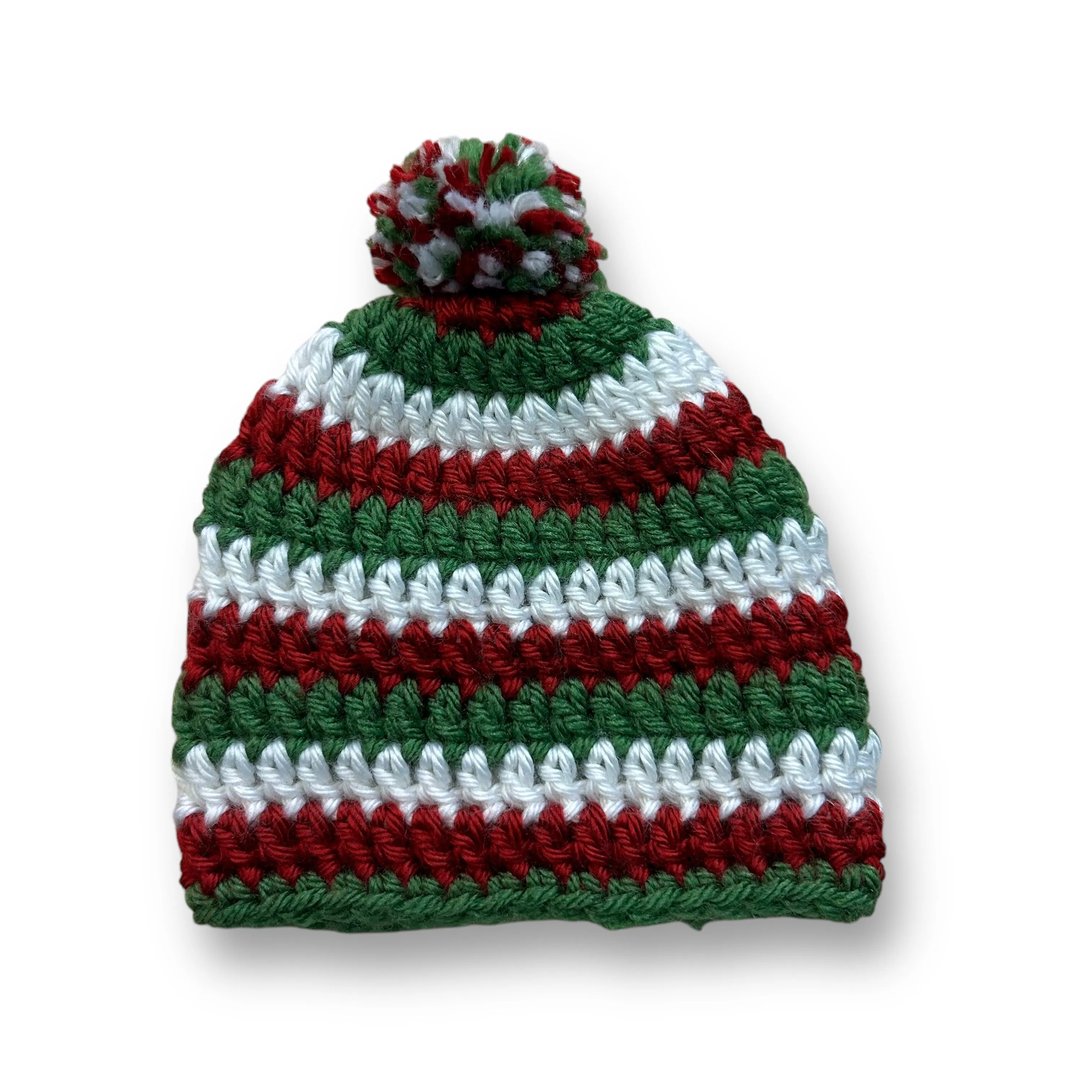 Boys Handcrafted Size X-Small Red & Green Crochet Winter Christmas Hat