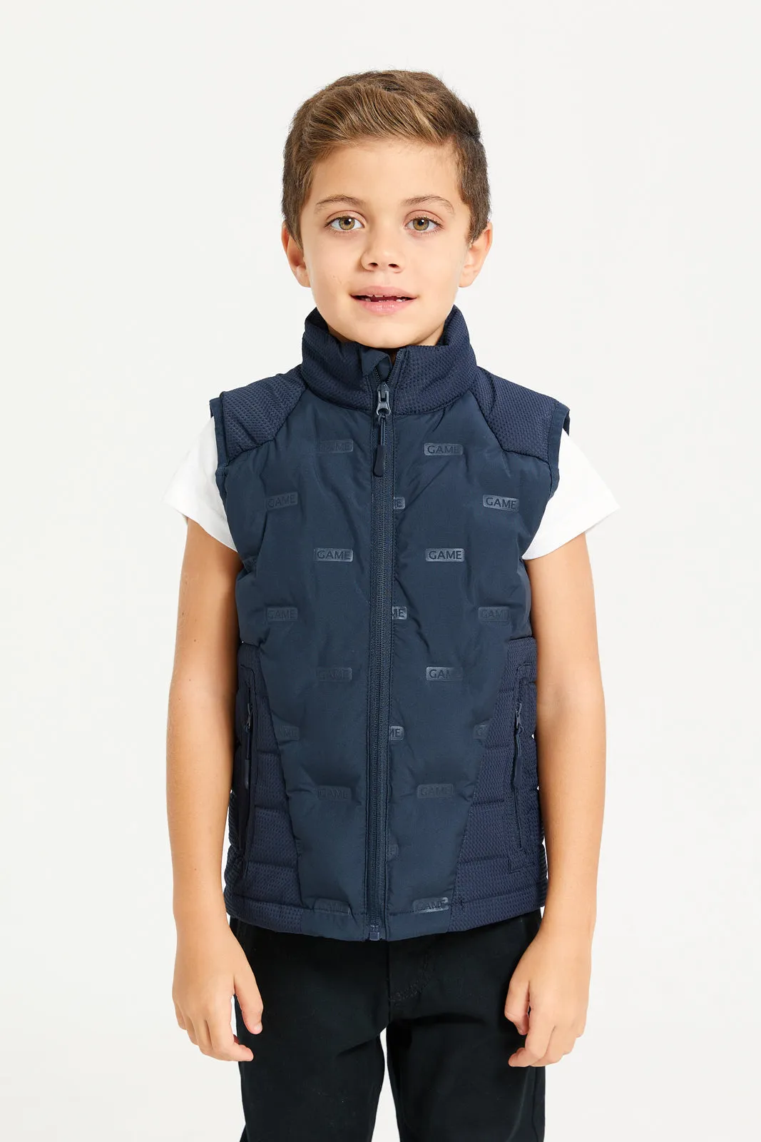 Boys Navy Embossed Padded Vest