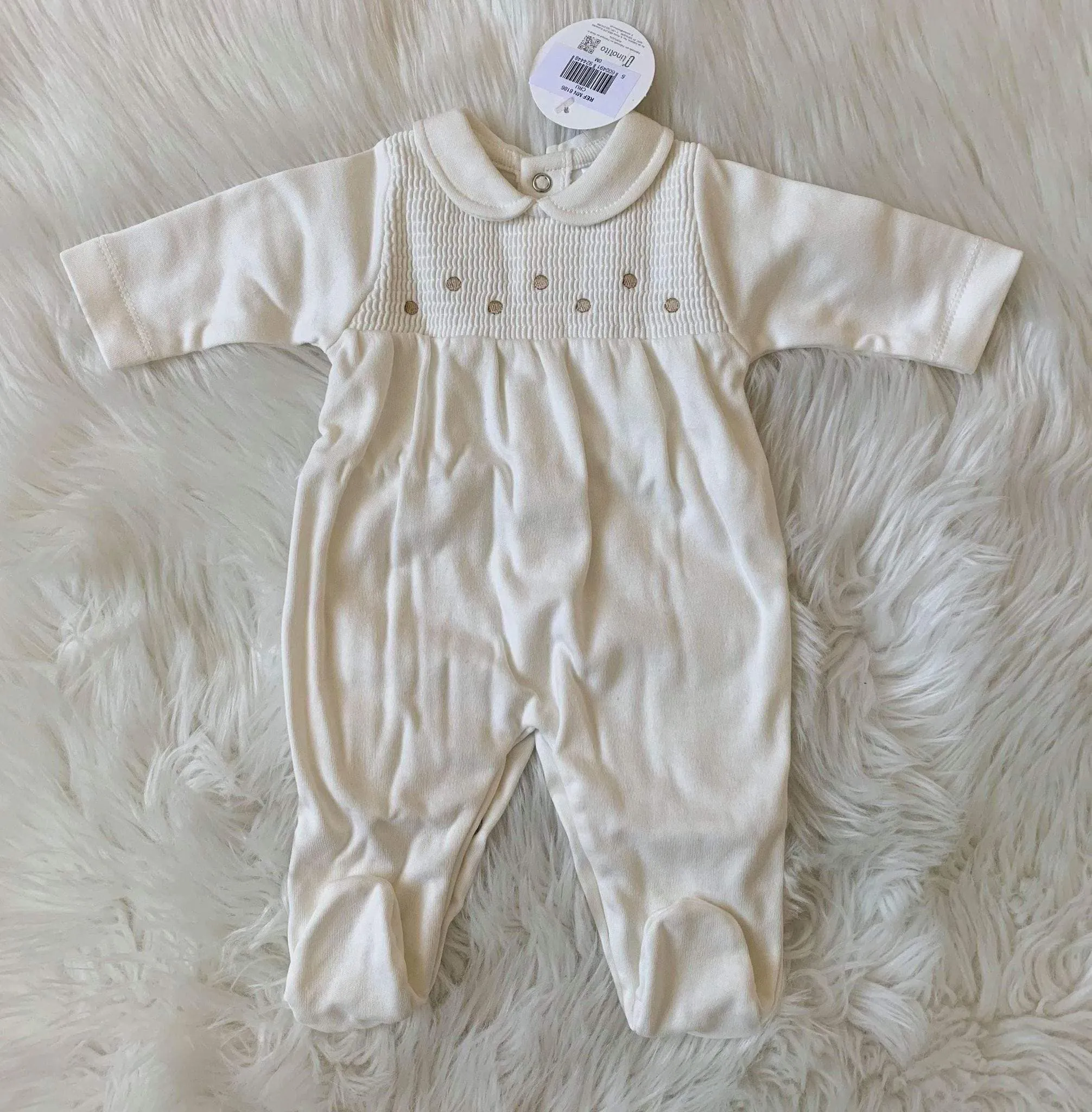 CLEARANCE SALE - Minhon  - Unisex Baby Smocked Cream Romper Suit 6m