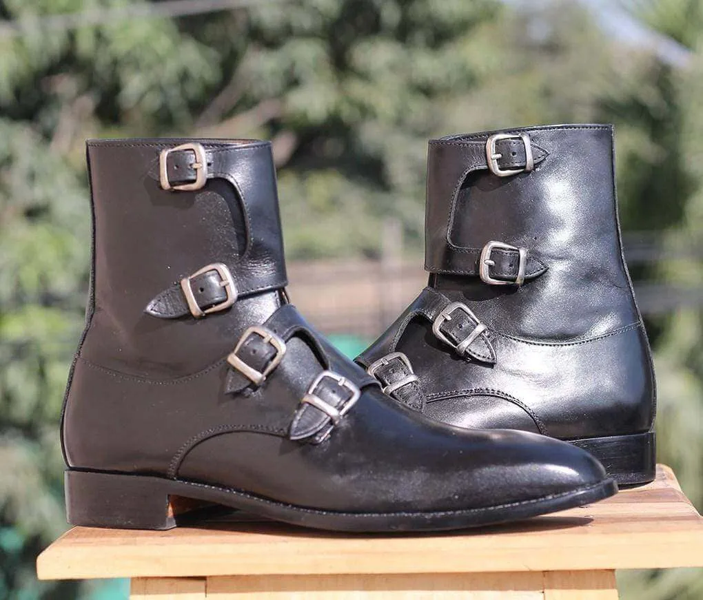 Handmade Black Triple Buckle Boots For Men's