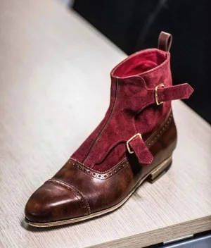 Handmade Brown Burgundy Monk Strap Cap Toe Boot