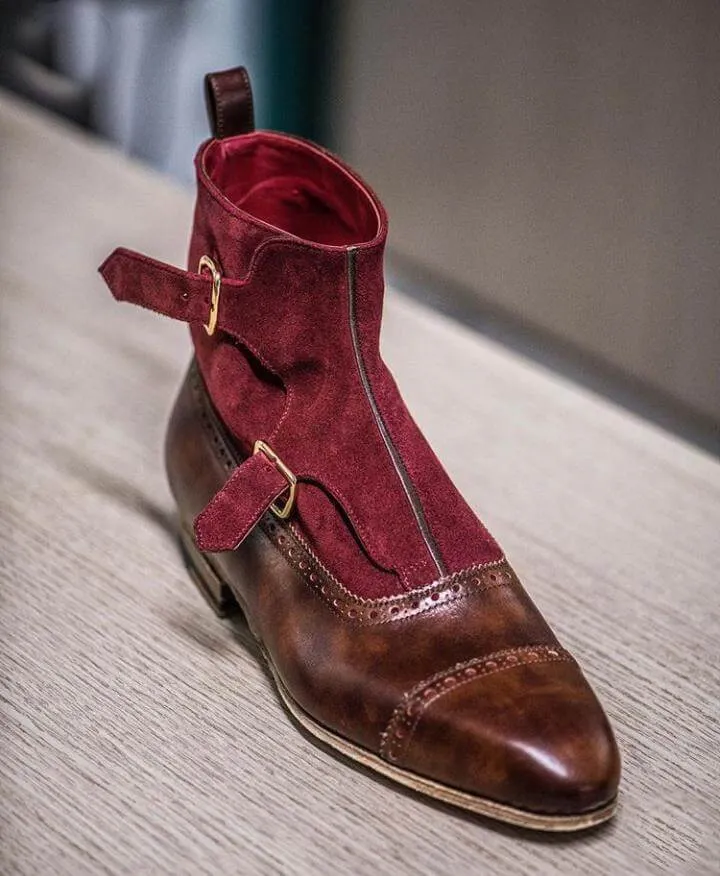 Handmade Brown Burgundy Monk Strap Cap Toe Boot