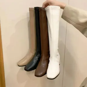 Hnzxzm 2024 Fashion Women  Black Block High Heels Long Boots New Winter Warm Knee High Boots Soft Leather Thigh High Boots Shoes