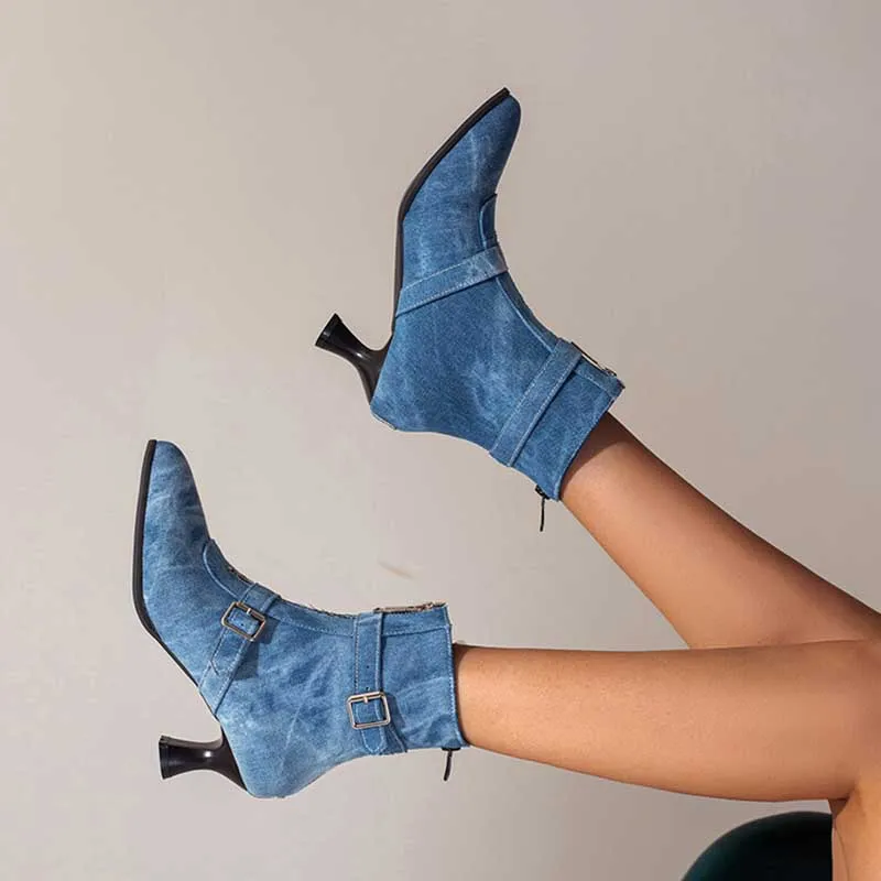 Pointed Toe Kitten Heels Ankle High Buckle Straps Zipper Low Heel Boots