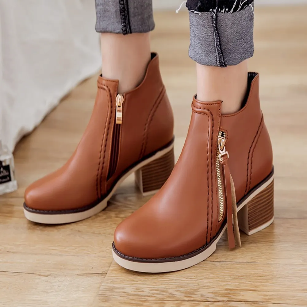 Winter Zip Up Thick Heels Ankle Boots Female