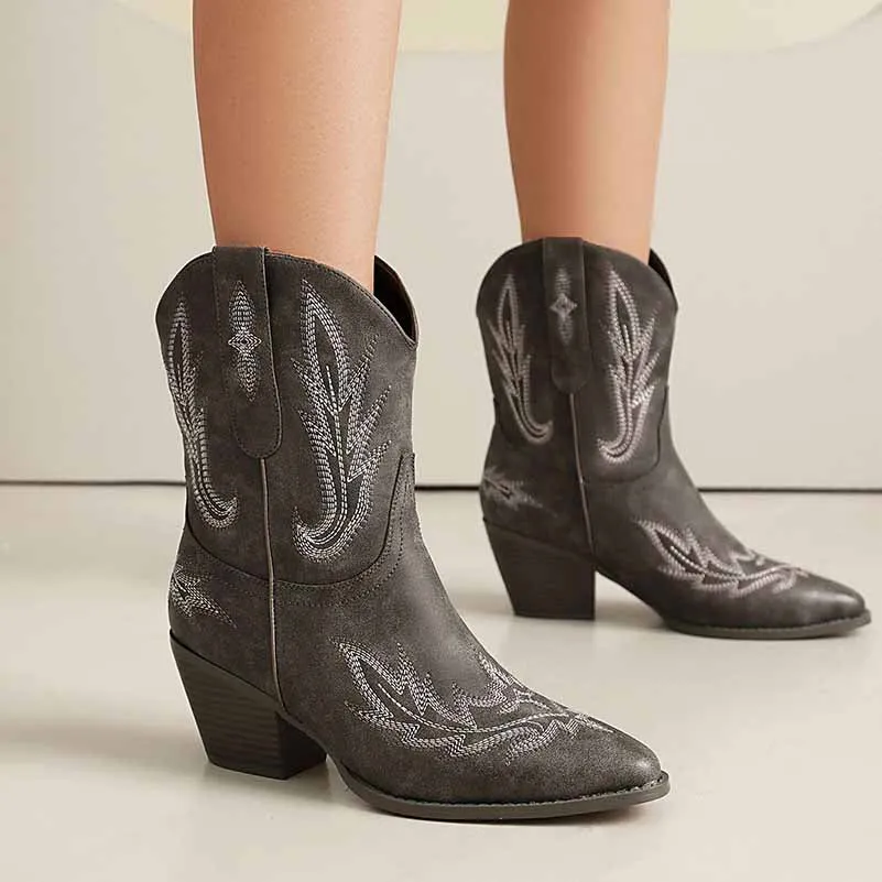 Women Mid-Calf Western Cowboy Boots Low Heel Embroidered Cowgirl Boots - Pointed Toe