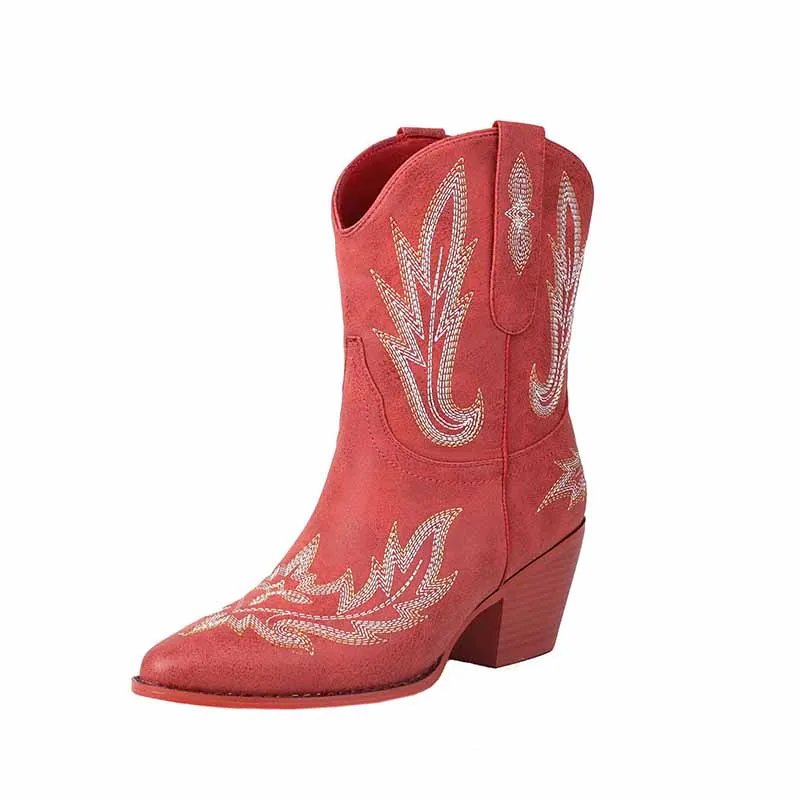 Women Mid-Calf Western Cowboy Boots Low Heel Embroidered Cowgirl Boots - Pointed Toe