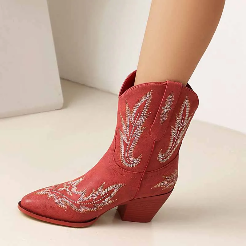 Women Mid-Calf Western Cowboy Boots Low Heel Embroidered Cowgirl Boots - Pointed Toe