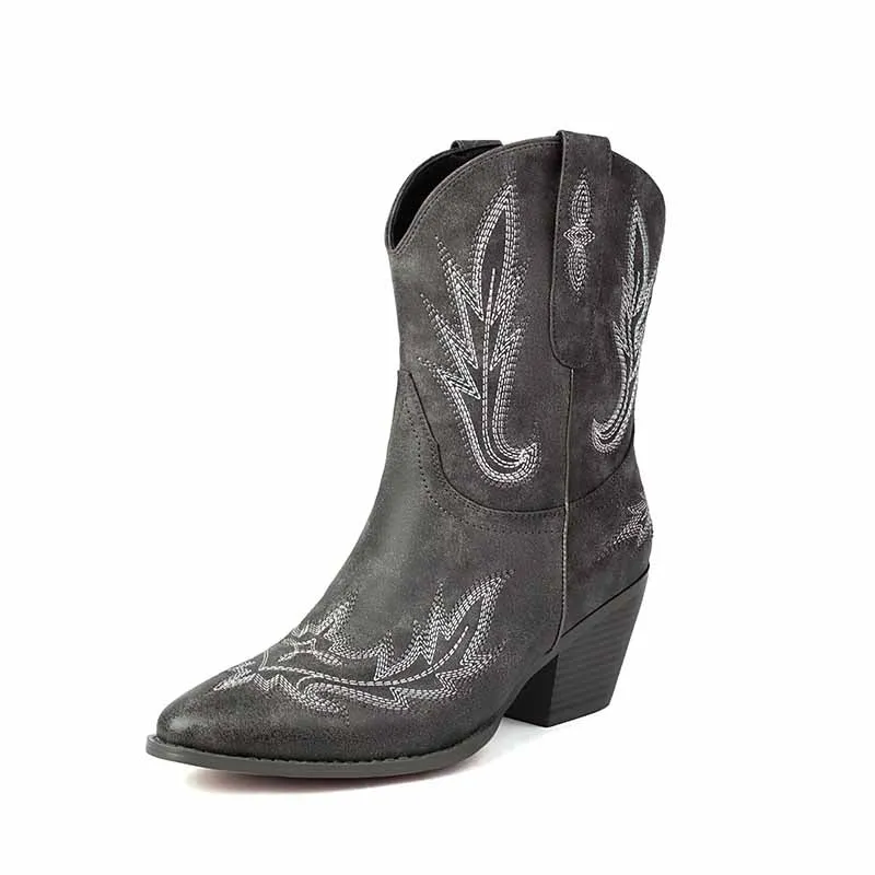 Women Mid-Calf Western Cowboy Boots Low Heel Embroidered Cowgirl Boots - Pointed Toe