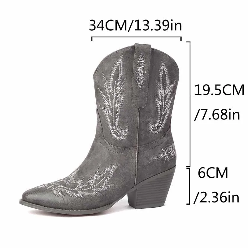 Women Mid-Calf Western Cowboy Boots Low Heel Embroidered Cowgirl Boots - Pointed Toe