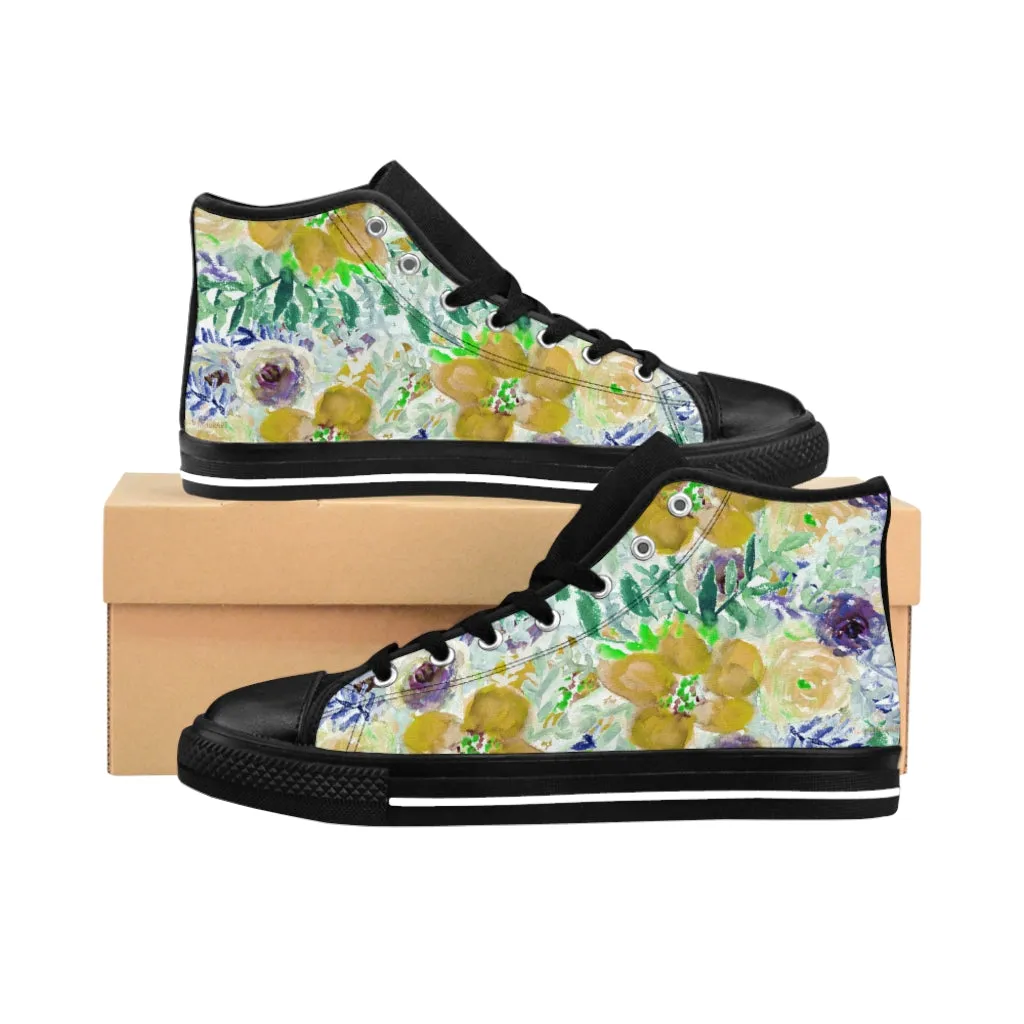 Yellow Floral Women's Sneakers, Flower Print Designer High-top Sneakers Tennis Shoes (US Size: 6-12)